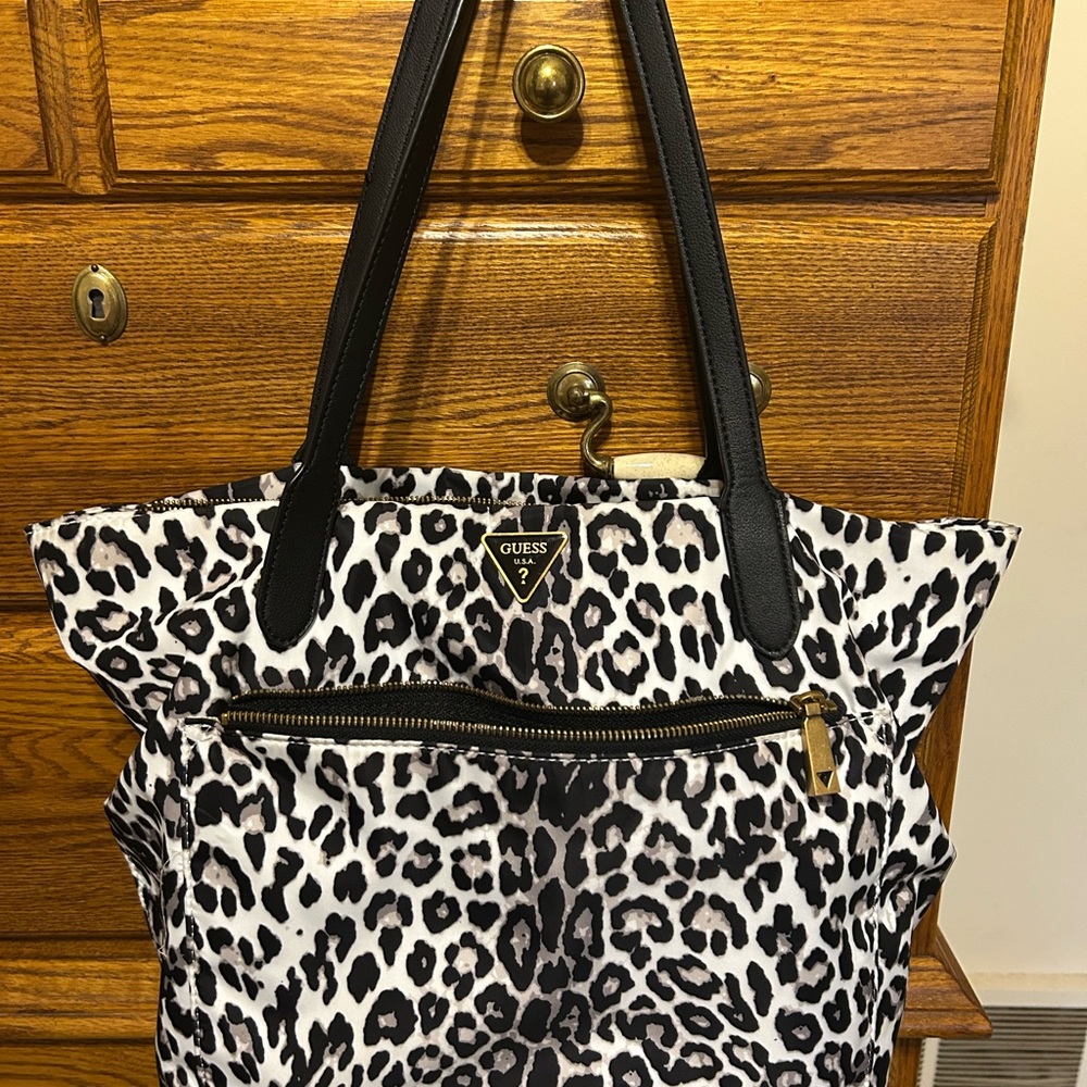 GUESS Black and White Leopard Print Tote Bag